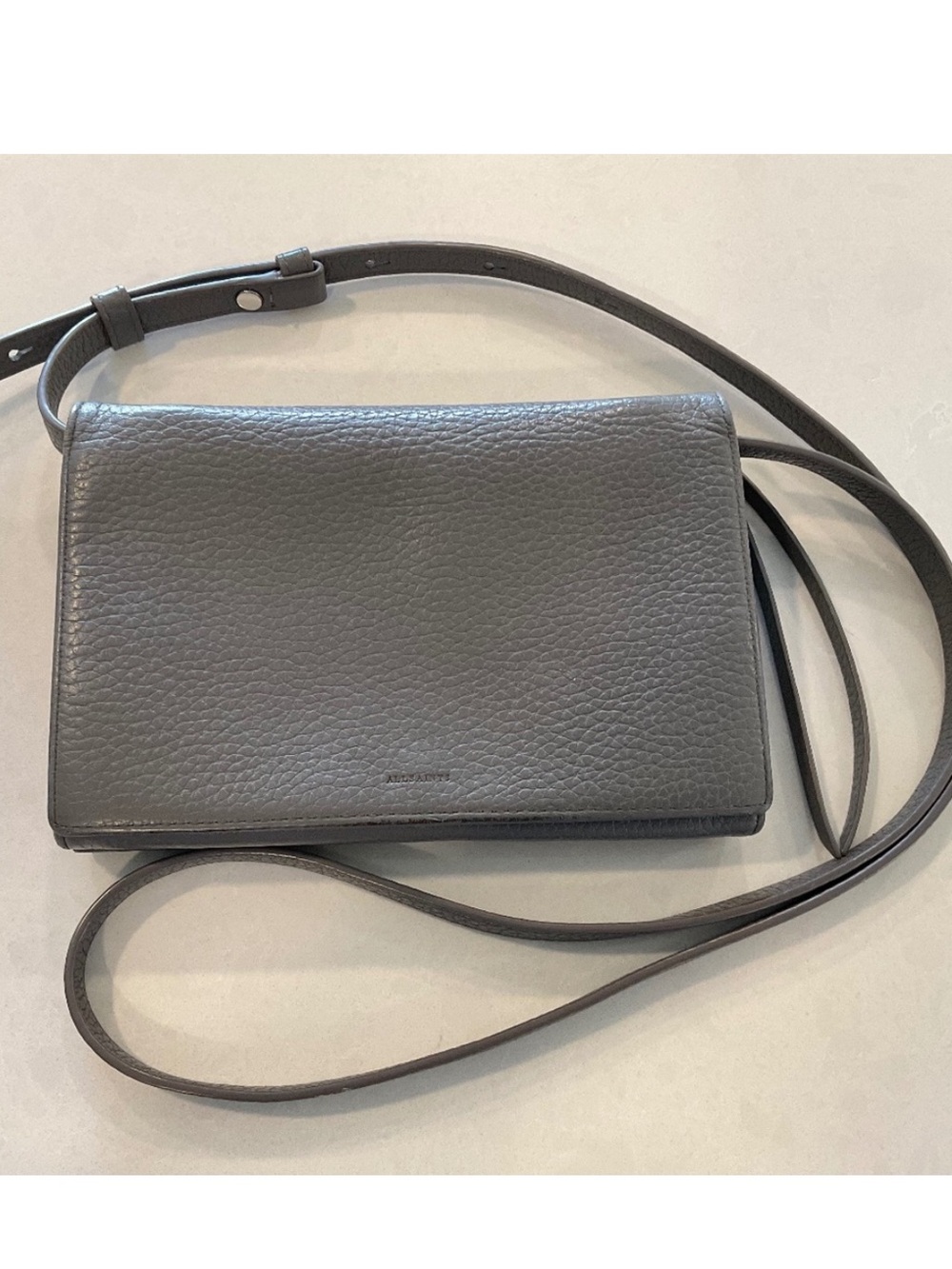 AllSaints Gray Pebbled Leather Flap Crossbody Bag